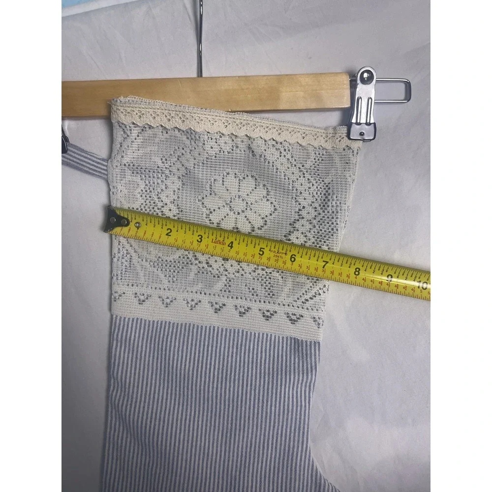 Handmade linen blend blue striped lace VTG style cuff Christmas stocking